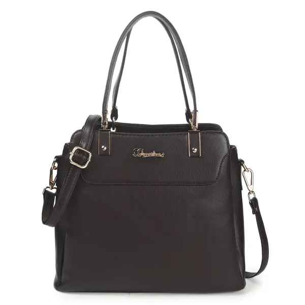 Signature_Black_Faux_Leather_Metallic_Zip_Detachable_Strap_Handbag_For_Women