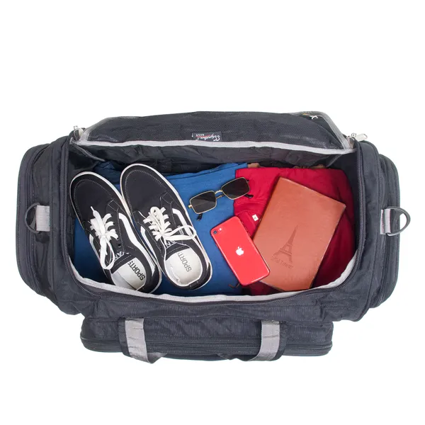 Signature_Black_Fabric_Waterproof_Adjustable_Strap_Duffel_Bag_For_Men_And_Women