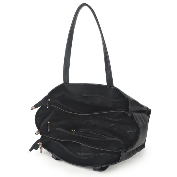 Signature_Black_Faux_Leather_Multi_Compartment_Metal_Zip_Tote_Handbag