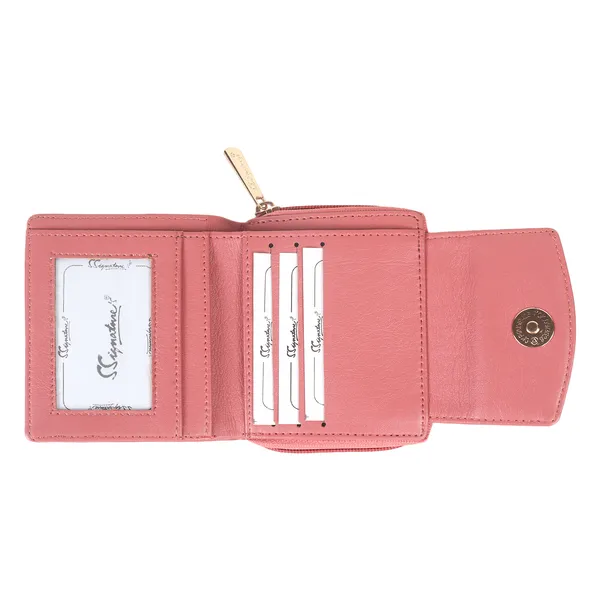 Signature_Pink_Faux_Leather_Tri_Fold_Zipper_Wallet_For_Women