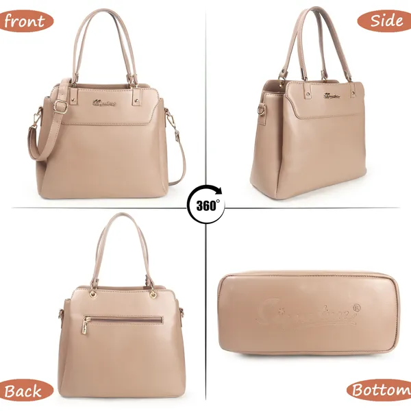 Signature_Beige_Faux_Leather_Structured_Metallic_Hardware_Handbag_For_Women