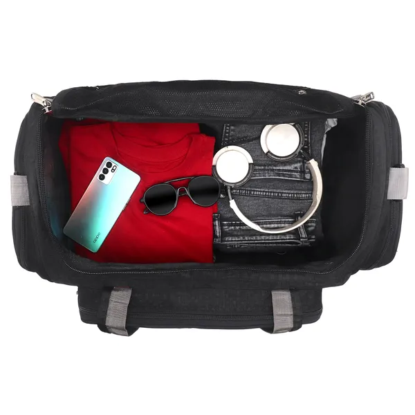 Signature_Black_Fabric_Multi_Compartment_Shoulder_Strap_Duffel_Bag_For_Men_And_Women