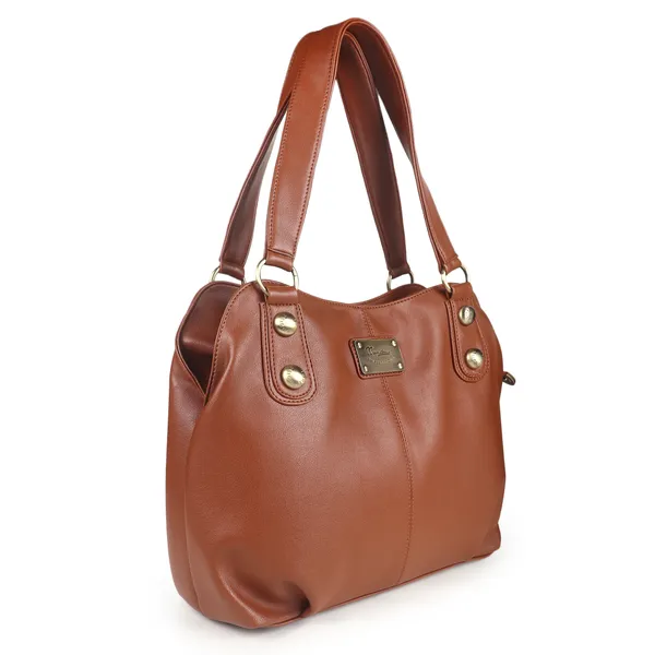 Signature_Tan_Brown_Faux_Leather_Classic_Handle_Handbag_For_Women
