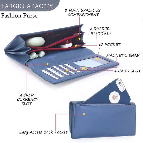 Signature_Blue_Faux_Leather_Multi_Compartment_Buckle_Wallet_For_Women
