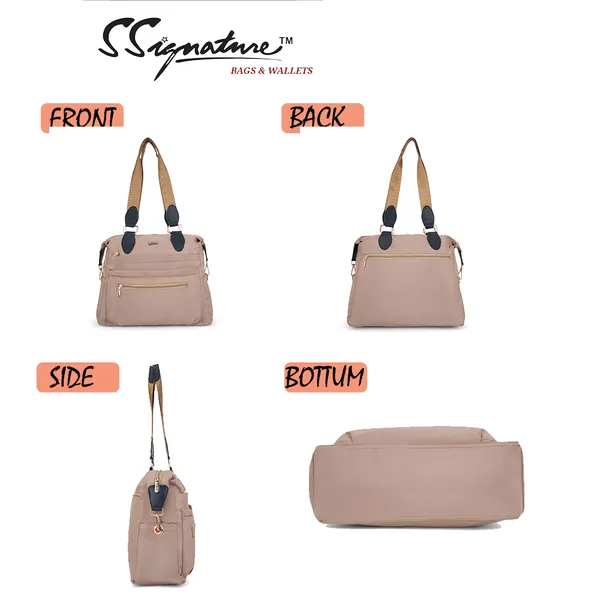 Signature_Beige_Faux_Leather_Two_Tone_Strap_Multi_Pocket_Shoulder_Bag_For_Women
