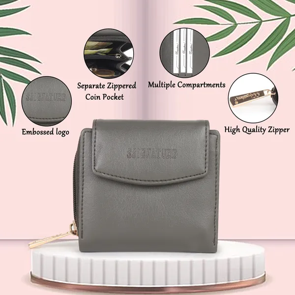 Signature_Grey_Faux_Leather_Zipper_Compact_Wallet