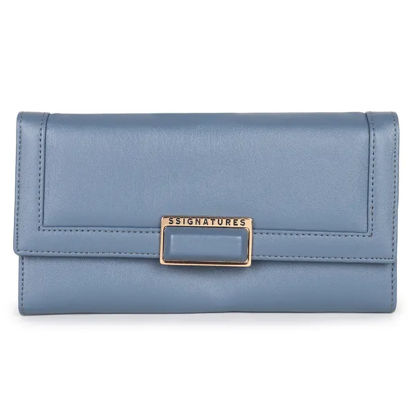 Signature_Blue_Leather_Multi_Card_Buckle_Wallet_For_Women