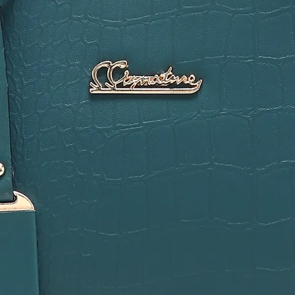 Signature_Teal_Faux_Leather_Multi_Compartment_Structured_Handbag_For_Women