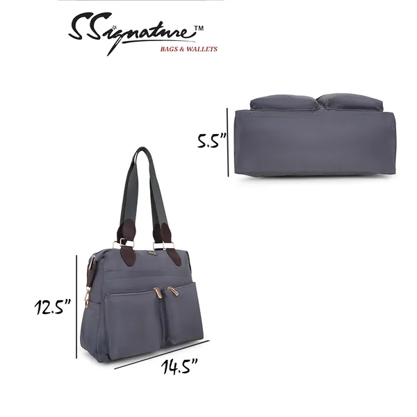 Signature_Grey_Faux_Leather_Multi_Pocket_Shoulder_Bag_For_Women