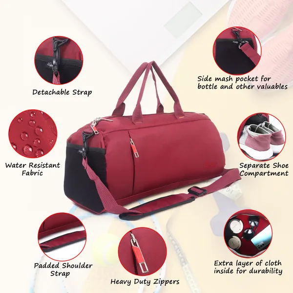 Signature_Maroon_Black_Fabric_Water_Resistant_Shoe_Compartment_Duffel_Bag
