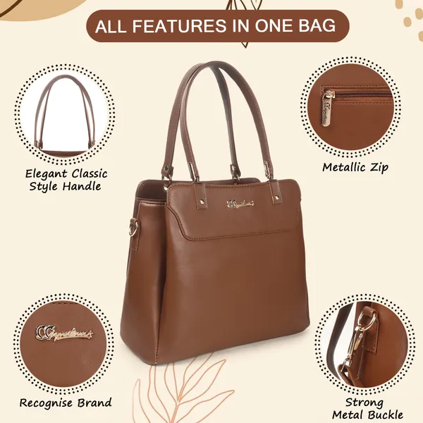 Signature_Tan_Brown_Faux_Leather_Classic_Handle_Handbag_For_Women