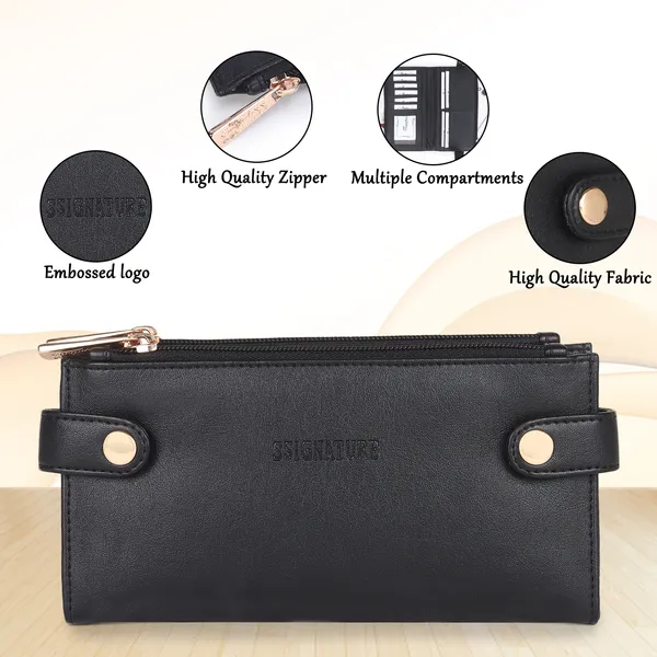 Signature_Black_Leather_Multi_Card_Buckle_Zipper_Wallet_For_Unisex