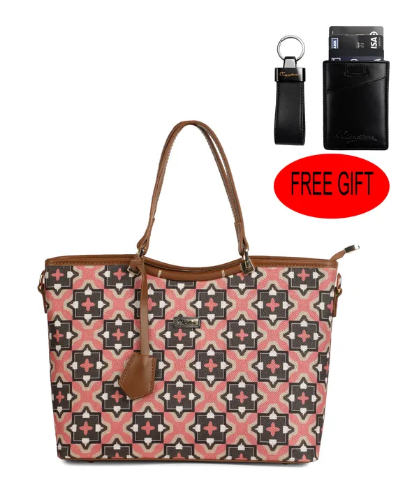 Signature_Pink_Fabric_Geometric_Print_Leather_Handle_Tote_Bag_For_Women