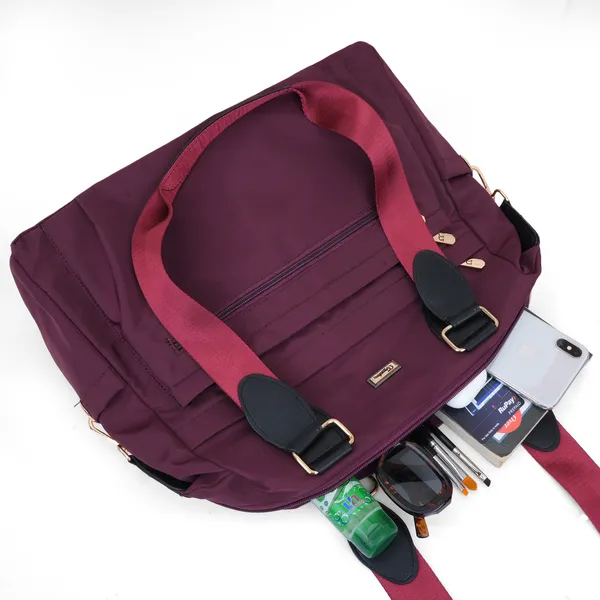 Signature_Maroon_Nylon_Multi_Compartment_Adjustable_Strap_Tote_Bag_For_Women
