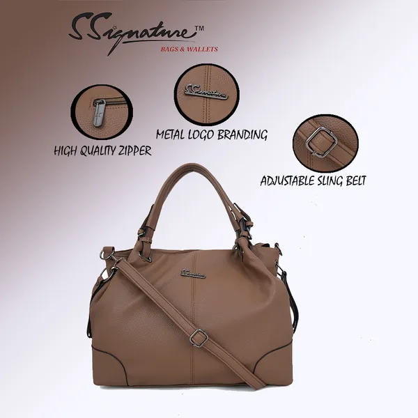 Signature_Tan_Brown_Faux_Leather_Structured_Adjustable_Strap_Handbag_For_Women