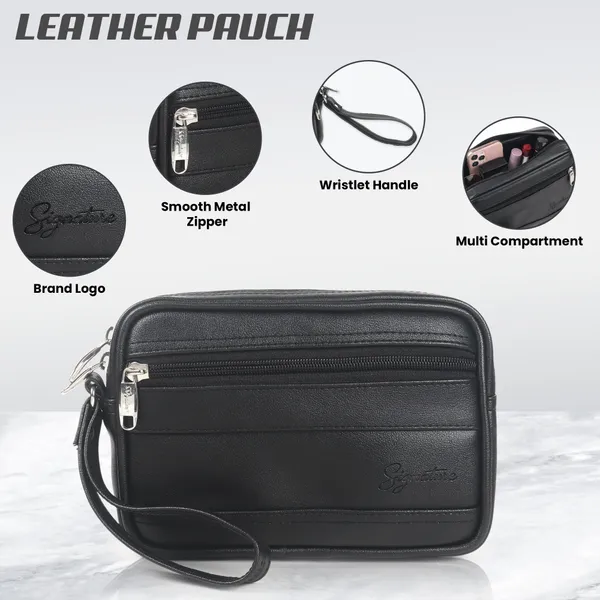 Signature_Black_Leather_Multi_Compartment_Wristlet_Pouch_For_Women