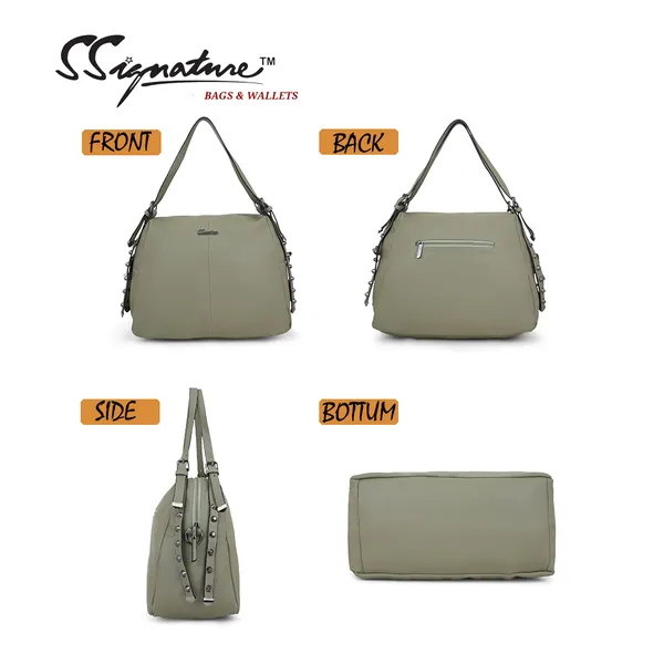 Signature_Olive_Green_Faux_Leather_Adjustable_Strap_Shoulder_Bag_For_Women