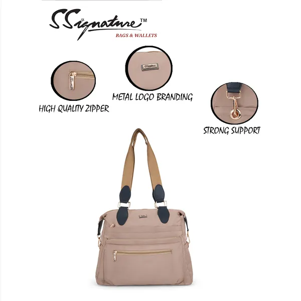 Signature_Beige_Faux_Leather_Two_Tone_Strap_Multi_Pocket_Shoulder_Bag_For_Women