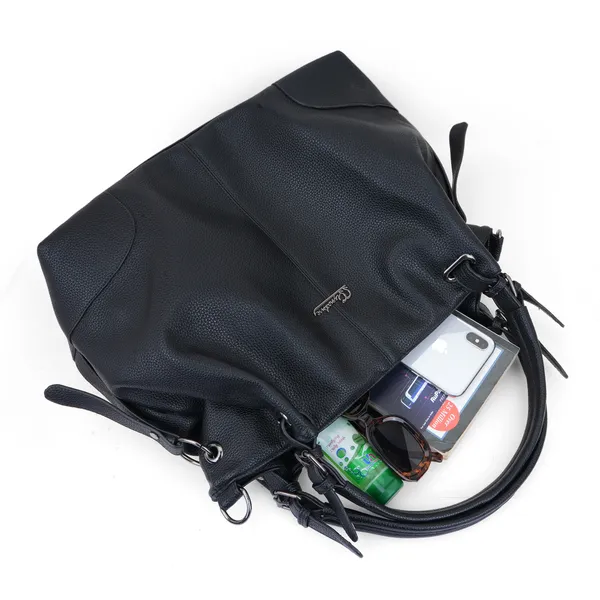 Signature_Black_Faux_Leather_Textured_Adjustable_Strap_Handbag_For_Women