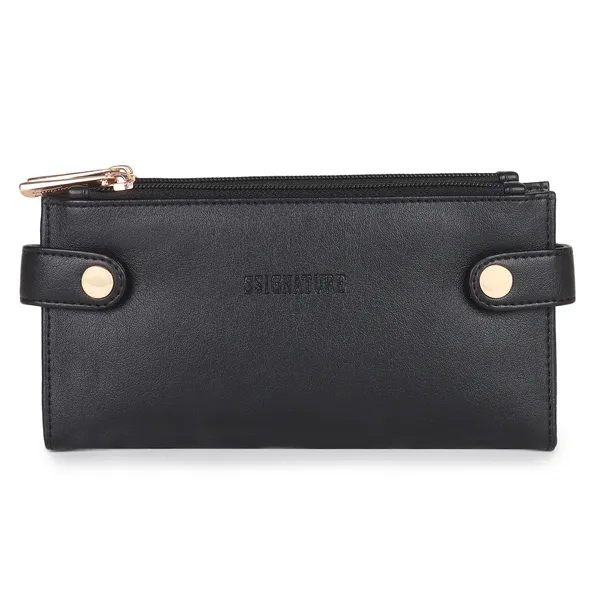 Signature_Black_Leather_Card_Slot_Zipper_Wallet_For_Women