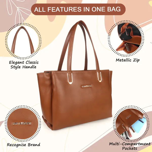 Signature_Brown_Faux_Leather_Multi_Compartment_Tote_Handbag_For_Women
