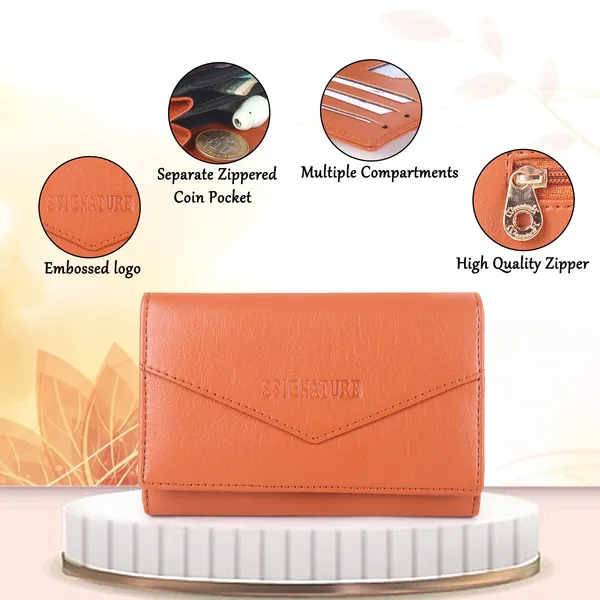 Signature_Coral_Orange_Faux_Leather_Tri_Fold_Compact_Wallet_For_Women