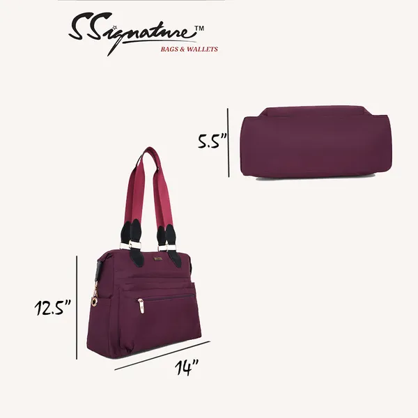 Signature_Maroon_Nylon_Multi_Compartment_Adjustable_Strap_Tote_Bag_For_Women