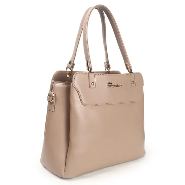 Signature_Beige_Faux_Leather_Structured_Metallic_Hardware_Handbag_For_Women