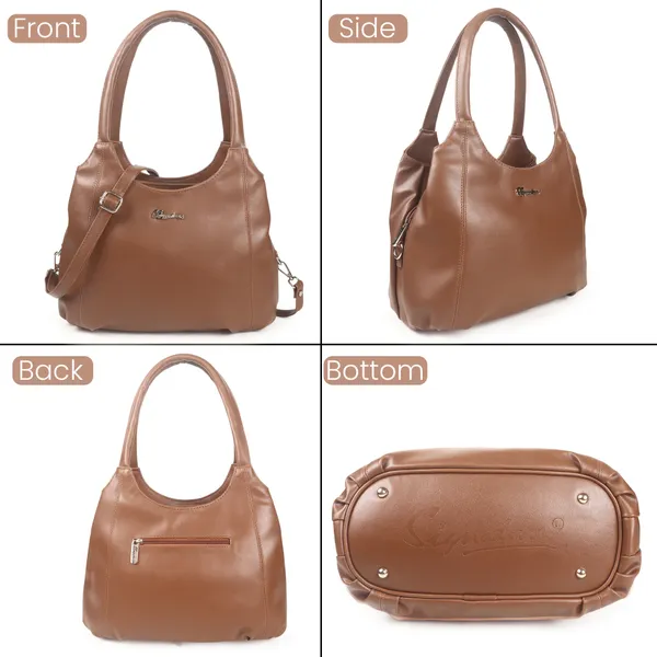 Signature_Brown_Leather_Metal_Buckle_Zipper_Handbag_For_Women
