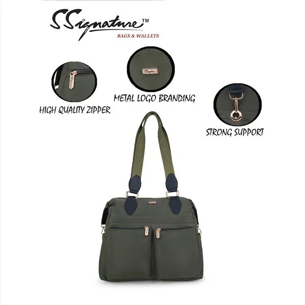 Signature_Olive_Green_Fabric_Multi_Pocket_Adjustable_Strap_Tote_Bag