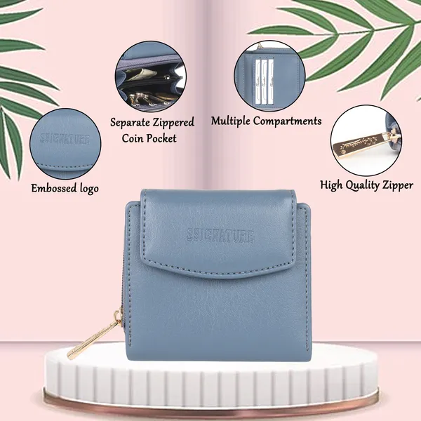Signature_Blue_Faux_Leather_Tri_Fold_Zipper_Wallet_For_Women