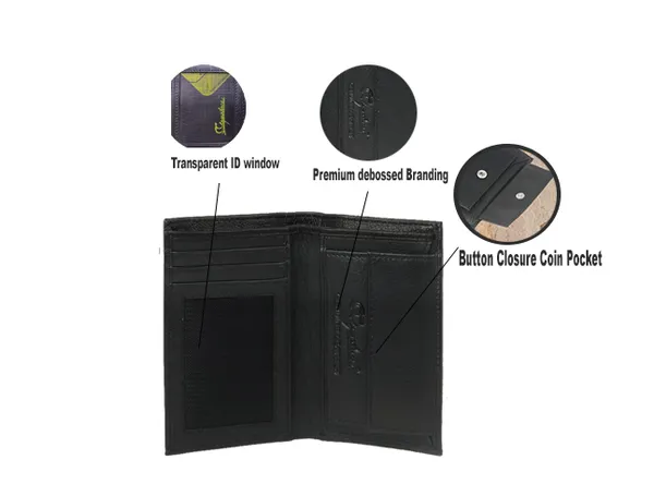 Signature_Black_Genuine_Leather_Button_Closure_Coin_Pocket_Wallet_For_Men