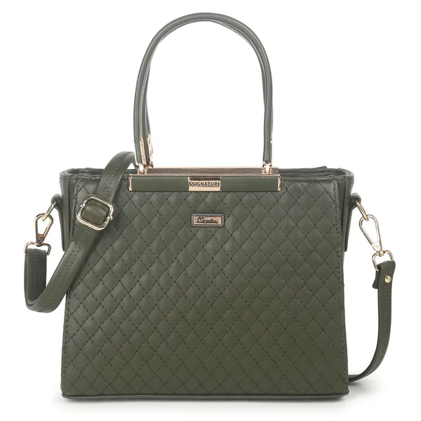 Signature_Olive_Green_Quilted_Faux_Leather_Metallic_Accent_Handbag_For_Women