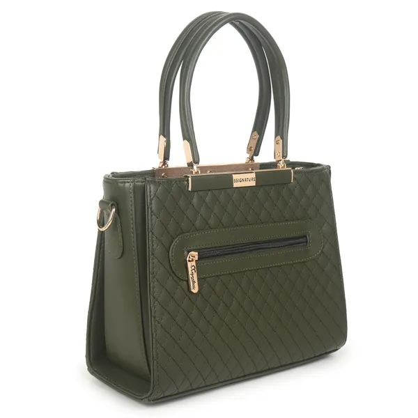 Signature_Olive_Green_Quilted_Faux_Leather_Metallic_Accent_Handbag_For_Women