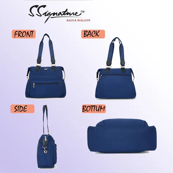 Signature_Navy_Blue_Fabric_Multi_Pocket_Adjustable_Strap_Tote_Bag_For_Women