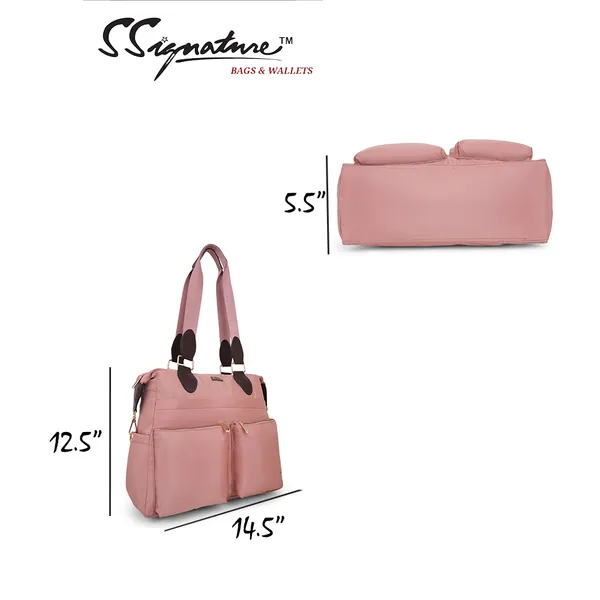 Signature_Pink_Fabric_Multi_Pocket_Adjustable_Strap_Diaper_Bag_For_Parents_With_Babies
