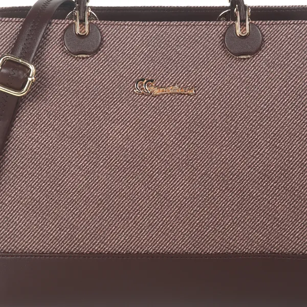 Signature_Brown_Two_Tone_Faux_Leather_Structured_Metal_Hardware_Handbag_For_Women