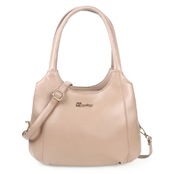Signature_Beige_Leather_Metal_Logo_Shoulder_Handbag_For_Women