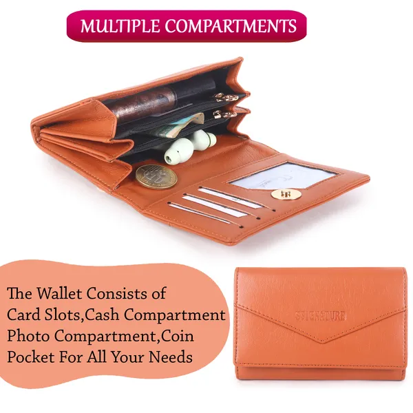 Signature_Coral_Orange_Faux_Leather_Tri_Fold_Compact_Wallet_For_Women