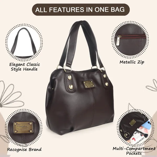 Signature_Brown_Leather_Metallic_Hardware_Handbag_For_Women