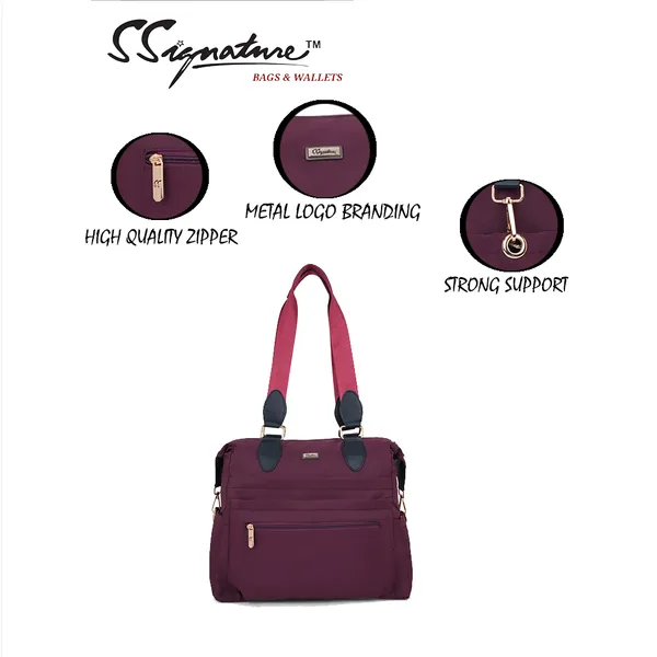 Signature_Maroon_Nylon_Multi_Compartment_Adjustable_Strap_Tote_Bag_For_Women