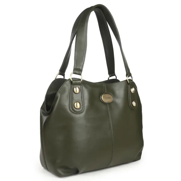 Signature_Olive_Green_Faux_Leather_Structured_Metallic_Detail_Handbag_For_Women