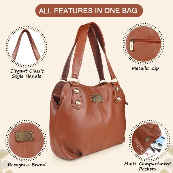 Signature_Tan_Brown_Faux_Leather_Classic_Handle_Handbag_For_Women
