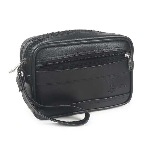 Signature_Black_Leather_Multi_Compartment_Wristlet_Pouch_For_Women
