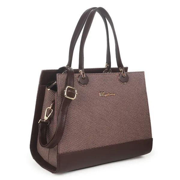 Signature_Brown_Two_Tone_Faux_Leather_Structured_Metal_Hardware_Handbag_For_Women