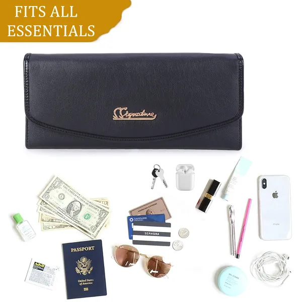 Signature_Black_Faux_Leather_Flap_Closure_Wallet_For_Women