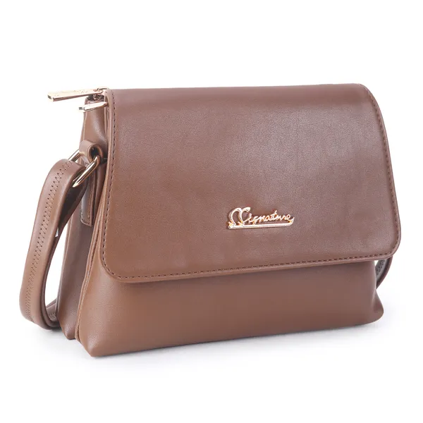 Signature_Brown_Faux_Leather_Adjustable_Strap_Sling_Bag_For_Women