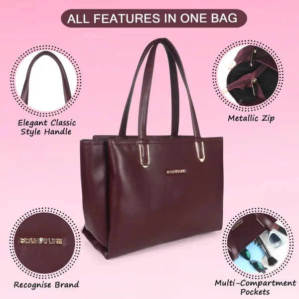 Signature_Maroon_Leather_Metallic_Zip_Handbag_For_Women
