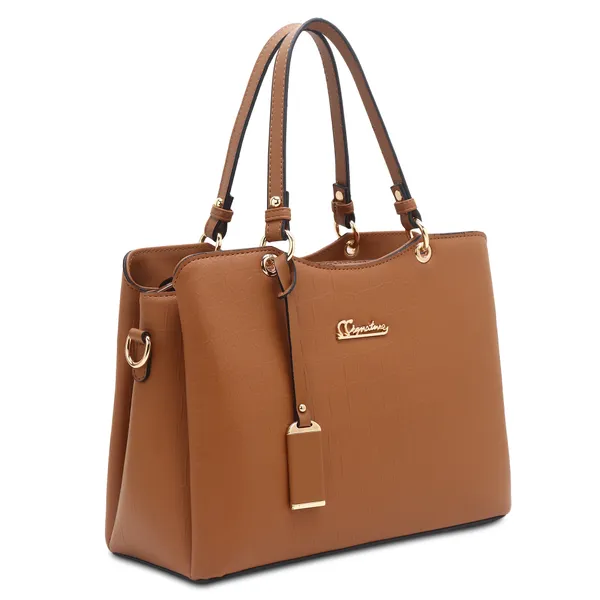 Signature_Tan_Brown_Faux_Leather_Buckle_Adjustable_Strap_Handbag_For_Women