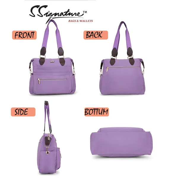 Signature_Purple_Fabric_Multi_Pocket_Adjustable_Strap_Tote_Bag_For_Women
